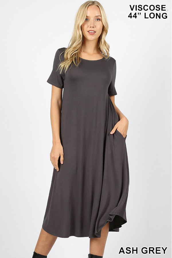 SHORTSLEEVE ROUND NECK DRESS WITH SIDE POCKETS